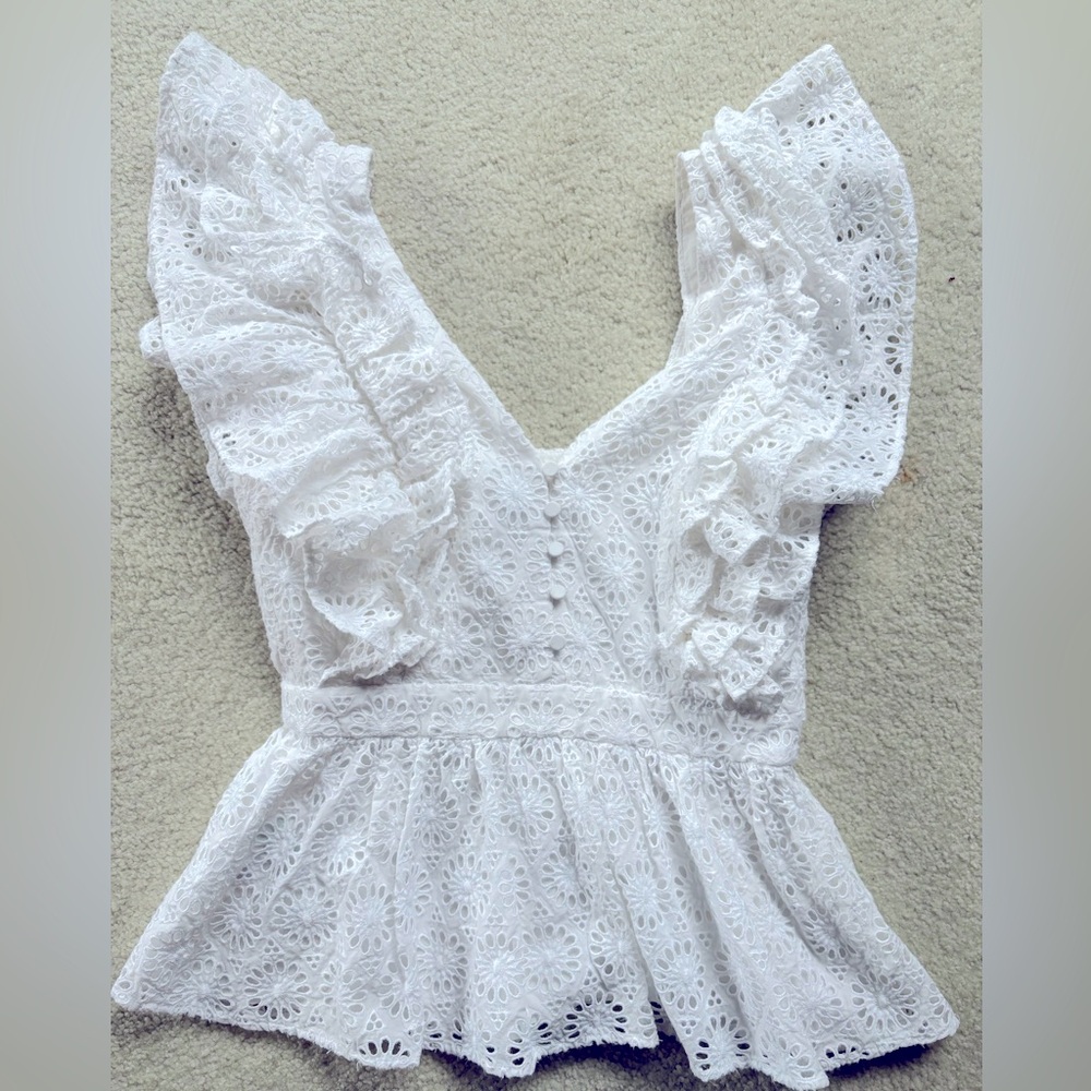 J. Crew Collection Floral Eyelet Lace Flutter Sleeve V Neck White Top XS